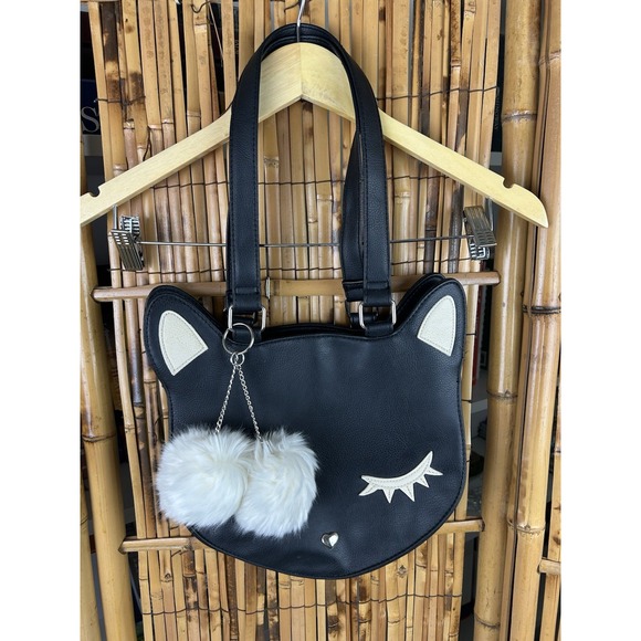 Handbags - Cute Cat Face Vegan Leather‎ Tote Bag Purse With White Pom Poms